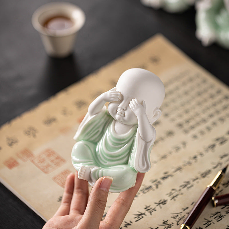 zensoullab Chinese Zen Style Four Little Monks Figurines Ceramic Characters Buddhist Home Living Room Curio Cabinet Decorations Micro Landscape