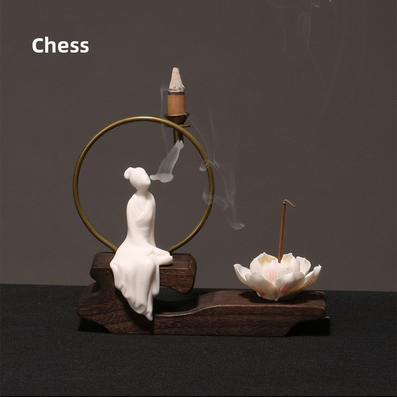 zensoullab Creative Chinese Ceramic Ornament Phaseless Buddha Statue Home Backflow Incense Burner Sandalwood Aromatherapy Burner Incense Holder Incense Device Wooden Incense Stand