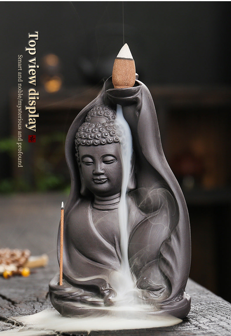 zensoullab Purple Clay Sandalwood Backflow Incense Burner Creative Bodhi Leaf Tathagata Buddha Smoke Backflow Incense Burner Craft Ornament