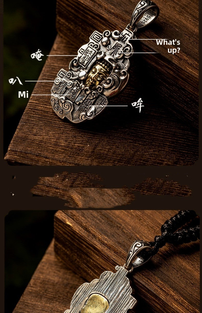 zensoullab Thai Silver Personalized Retro Six-Word Mantra Buddha Head Armor Trendy Creative Peace Jewelry Necklace Pendant for Men and Women