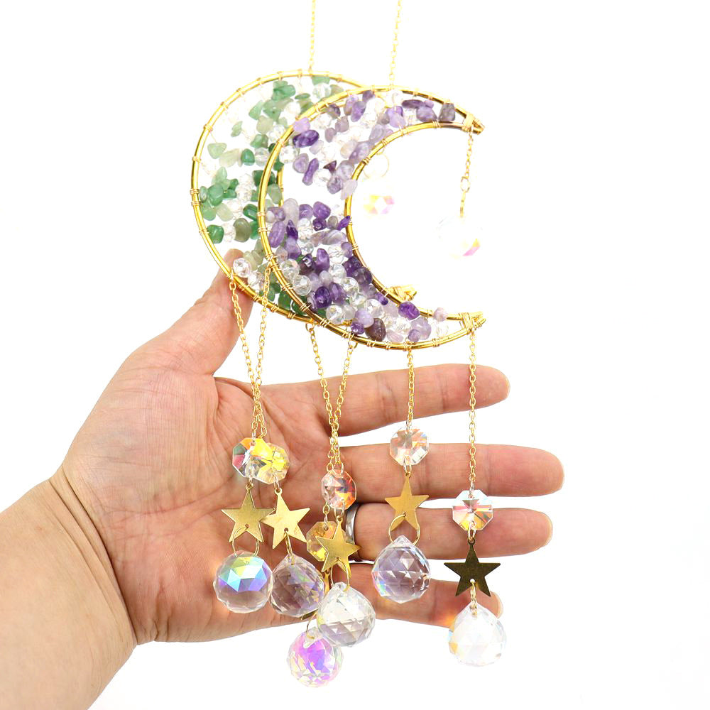 zensoullab Handmade Beaded Natural Crystal Crushed Stone Moon Star Wind Chime Craft Decoration Pendant Sun Catcher