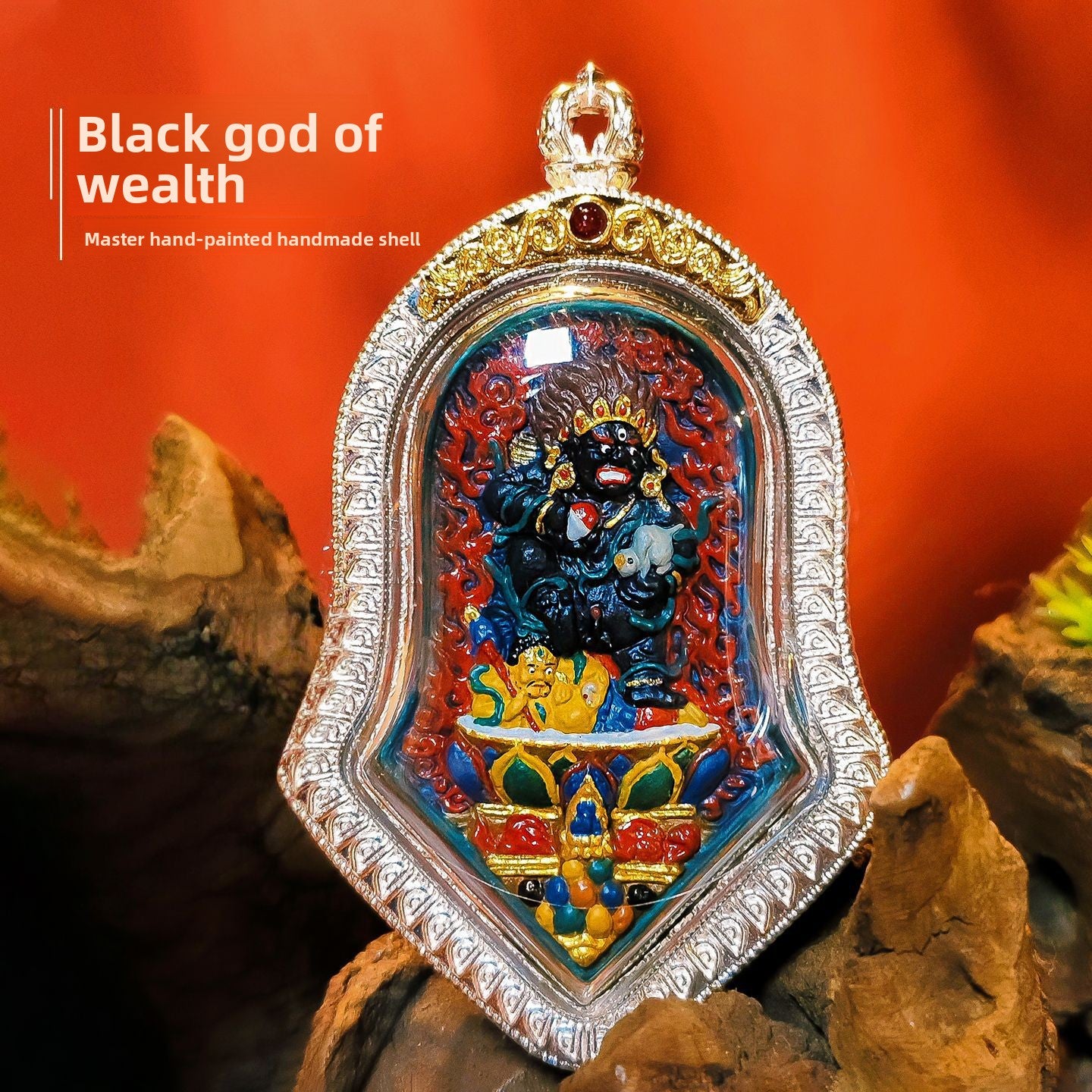 zensoullab Hand-painted Rubbing Thangka Three-dimensional Painted Black God of Wealth Gawu Box Pendant Necklace Zakiram Buddha Amulet