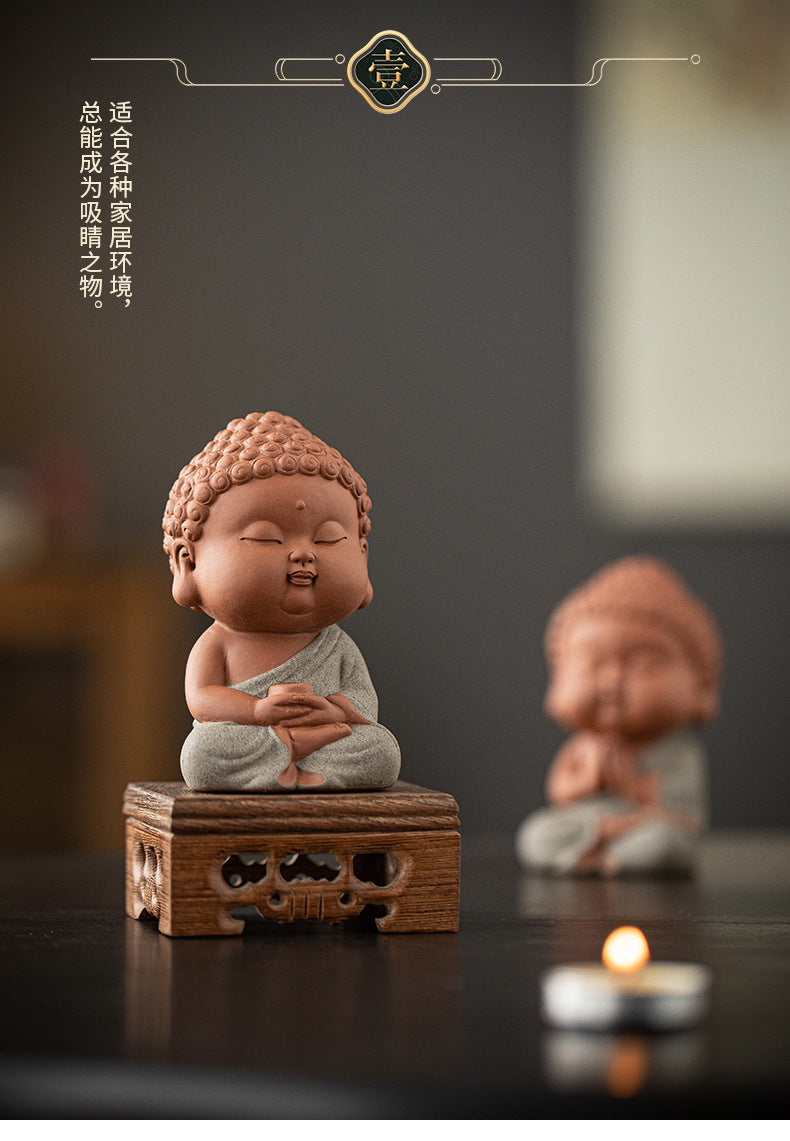zensoullab Zen Purple Clay Small Buddha Figurine Cute Buddha Statue Chinese Style Home Tea Room Curio Shelf Tea Table Decoration