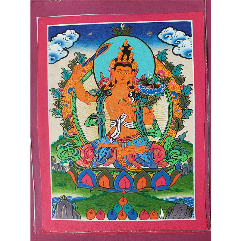 zensoullab Nepal Hand-painted Buddha Statue Thangka Table Decoration Yellow God of Wealth Green Tara Manjushri Four-armed Guanyin Medicine Buddha Decorative Hanging Painting