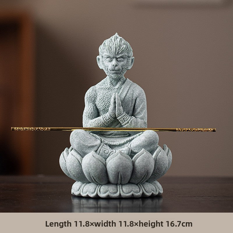 zensoullab Zen Style Chinese Green Sandstone Zen Sitting Monkey King Desktop Ornament Creative Living Room Fish Tank Landscaping Decoration