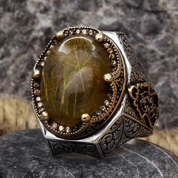 zensoullab Turkish Handmade Exquisite Convex Vintage Distressed Crown Men's Rutilated Quartz Carved Split Gold Ring