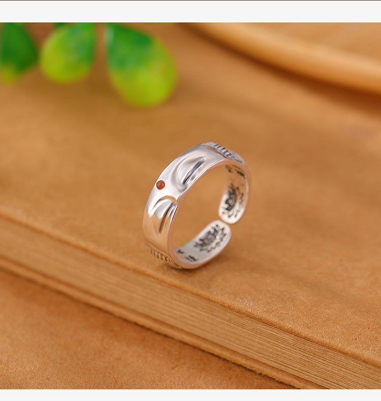zensoullab Ethnic Style Buddha Silence Ring for Women, Niche Design Thai Silver Lotus Heart Sutra Guanyin Vintage Open Ring