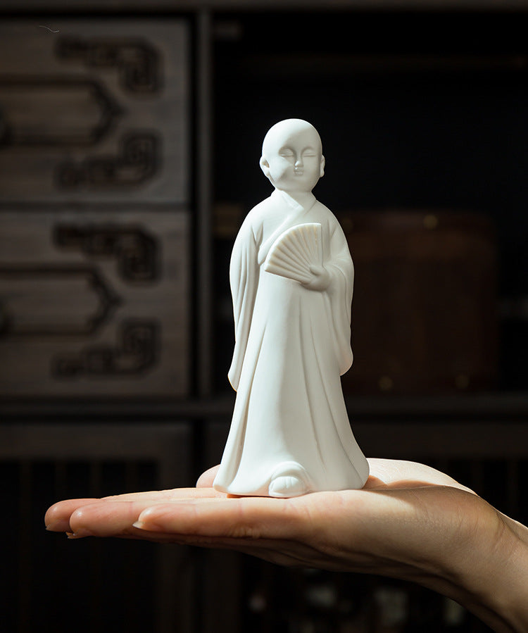 zensoullab Zen Ceramic Little Monk Figurine White Porcelain Little Novice Creative Chinese Style Living Room Entrance Tea Table Incense Home Decor