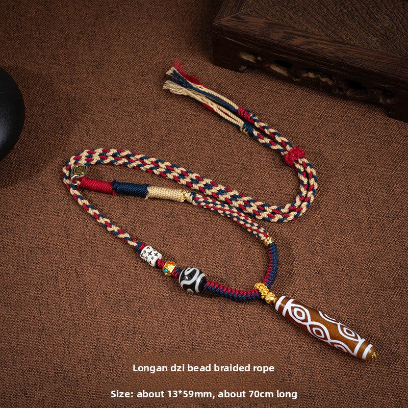 zensoullab Natural Tibetan Style Yellow Nine-Eyed Dzi Bead Necklace Multi-Totem Agate Pendant Couple Style Woven Necklace In Stock