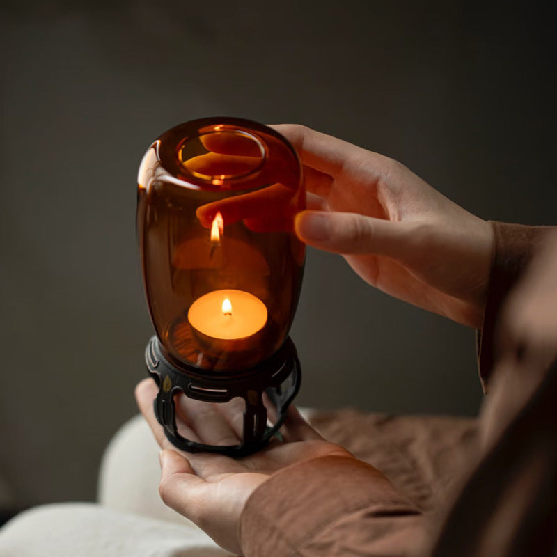 zensoullab Ancient Style Candle Lamp Bronze Base Zen Tea Room Atmosphere Lamp Glass Amber Space Decoration Ornament Candle Holder