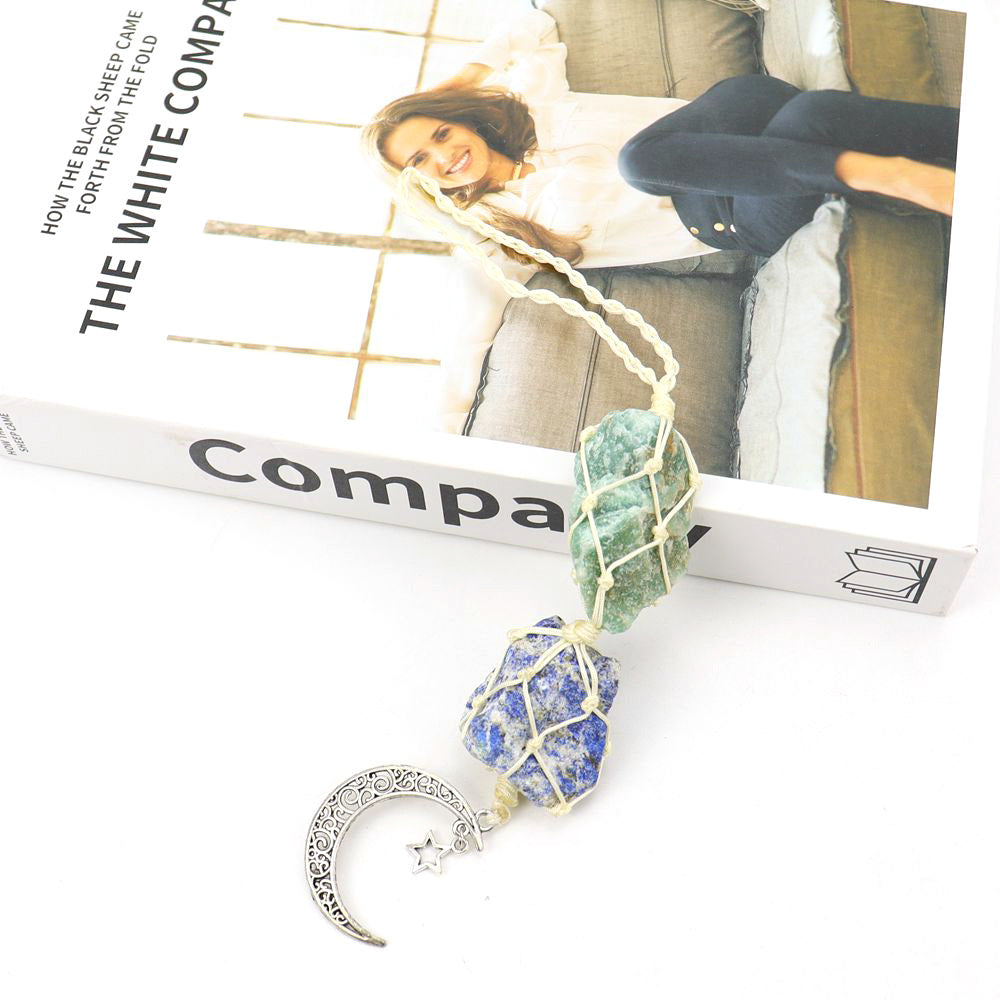zensoullab Handmade Woven Raw Stone Crystal Pendant Star Moon Net Bag Car Hanging Amethyst Ornament