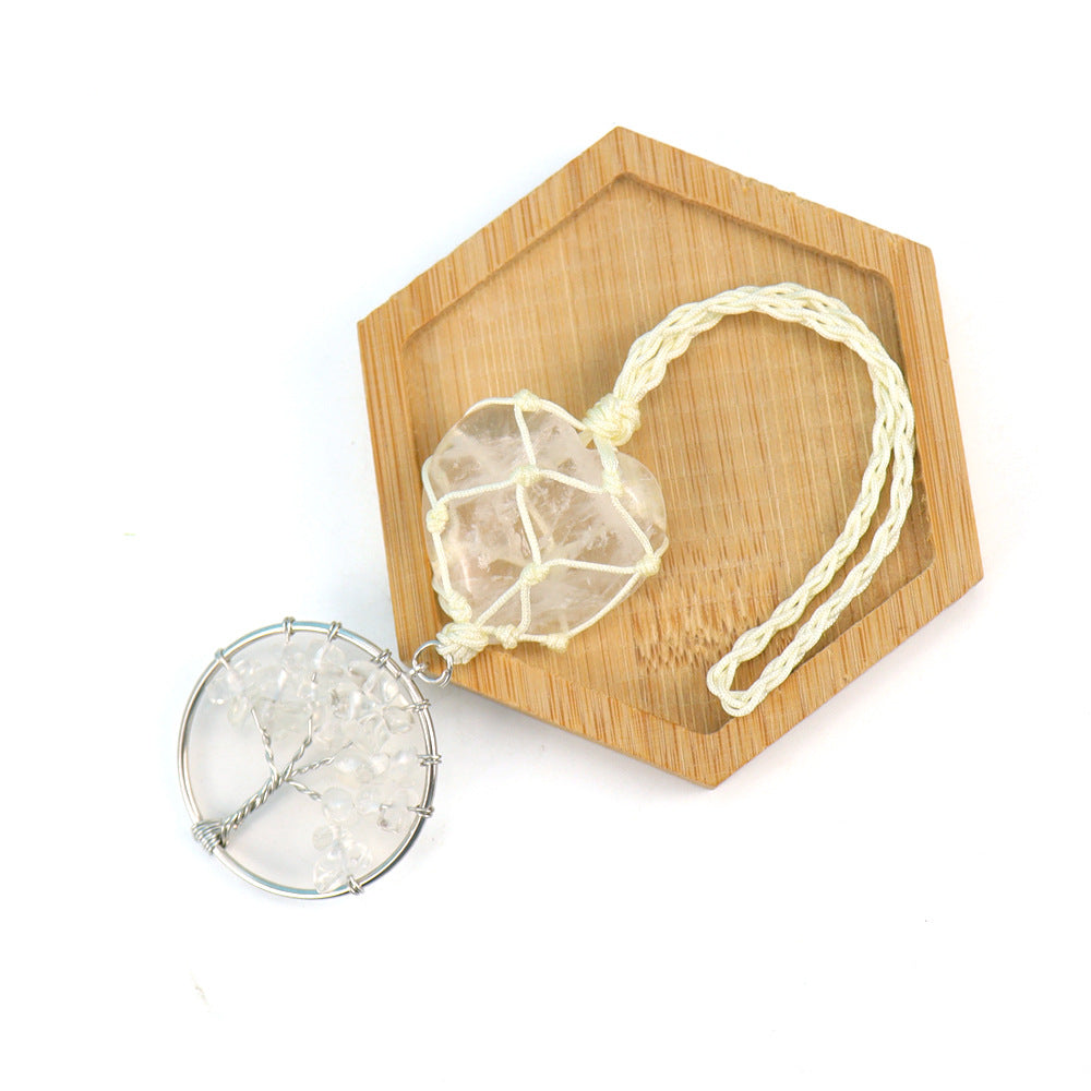 zensoullab Natural Crystal Heart-shaped Woven Net Bag Tree of Life Pendant Car Hanging Bag Accessories
