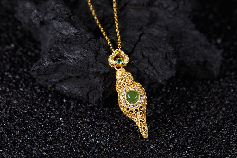 zensoullab Full Body S925 Sterling Silver Electroplated 24K Gold Conch Inlaid with Jasper Vintage Hollow Ancient Craft Pendant Necklace for Women