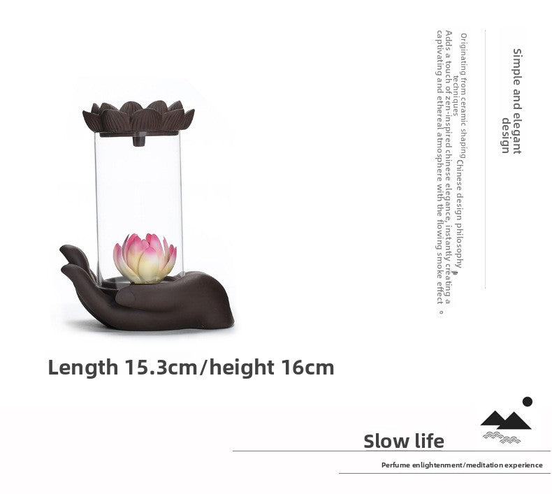 zensoullab Purple Clay Backflow Incense Burner Buddha Hand Lotus Acrylic Cover Agarwood Sandalwood Creative Home Decor Gift
