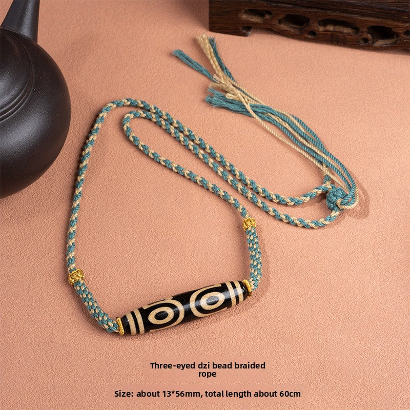 zensoullab Natural Yellow Nine-Eye Dzi Bead Necklace Taiwan Work Agate Pendant Unisex Couple Style Braided Necklace