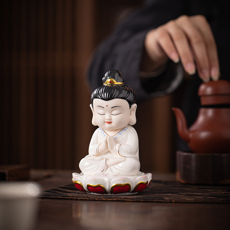 zensoullab Zen Style Chinese Ceramic Three Saints Buddha Guanyin Ksitigarbha Desktop Small Ornaments Creative Home Living Room Household Decorations