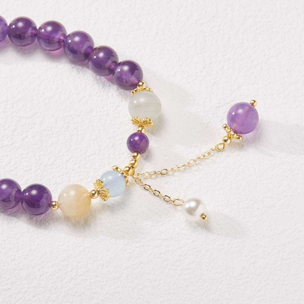 zensoullab Niche Design Natural 8MM Amethyst Bracelet for Women with Pearl Tassel Women's Bracelet Jewelry