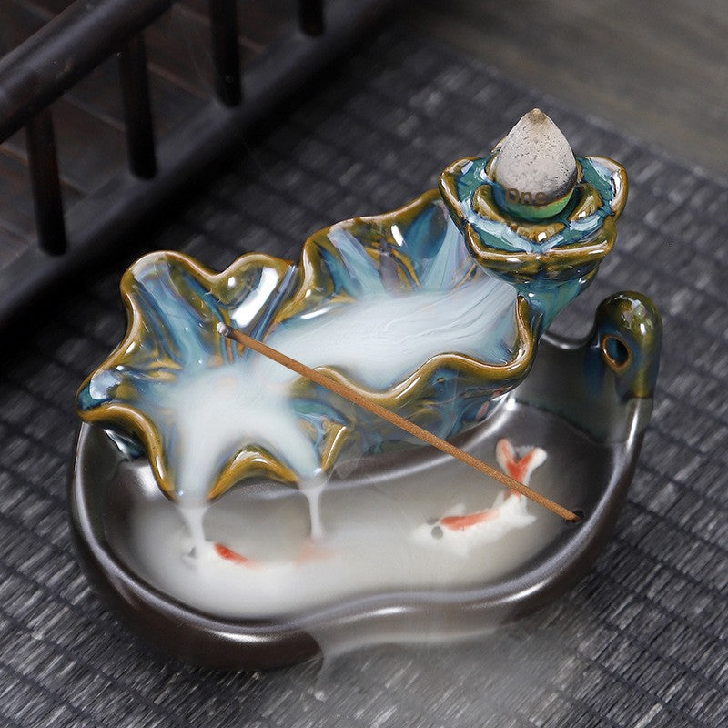 zensoullab Backflow Incense Burner Creative Home Decor Ceramic Burner Craft Zen Double Fish Backflow Sandalwood Ornament