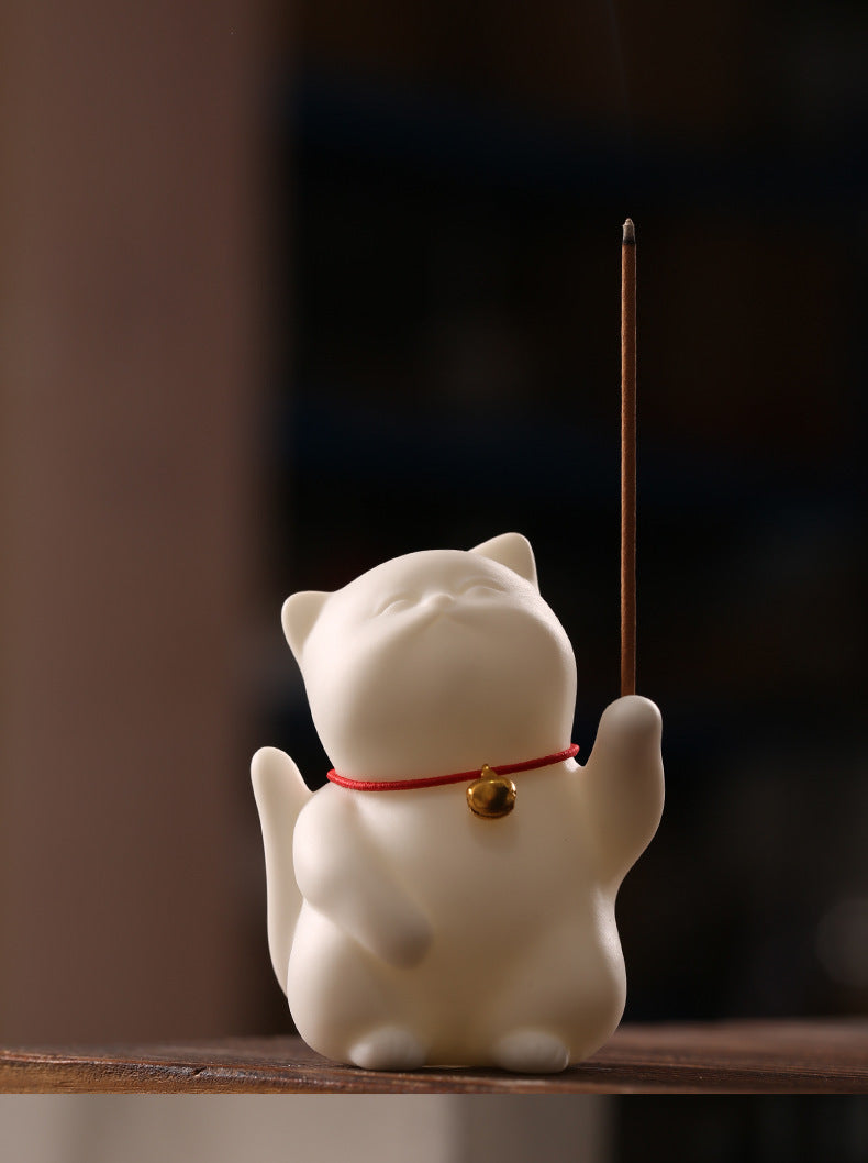 Zensoullab Creative Cute Lucky Cat Ceramic Decoration Cute Cat Tea Ornaments Pen Holder Home Indoor Sandalwood Incense Stick Holder Incense Ceremony Incense Holder