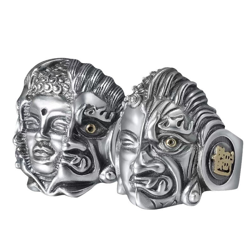 Zensoullab Men's Domineering Buddha Magic a Flash of Thought Buddha Magic Open Ring Vintage Thai Silver Niche Punk Ring