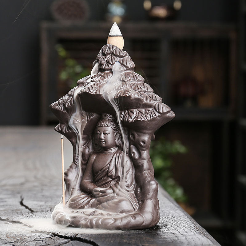 zensoullab Purple Clay Backflow Incense Burner Creative Bodhi Tree Buddha Backflow Incense Burner Home Decor Craft Ornament