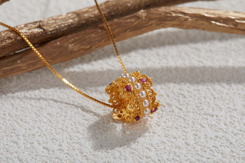 zensoullab S925 Sterling Silver Ancient Gold Necklace for Women Vintage Hollow National Trend Versatile Elegant Pendant Jewelry