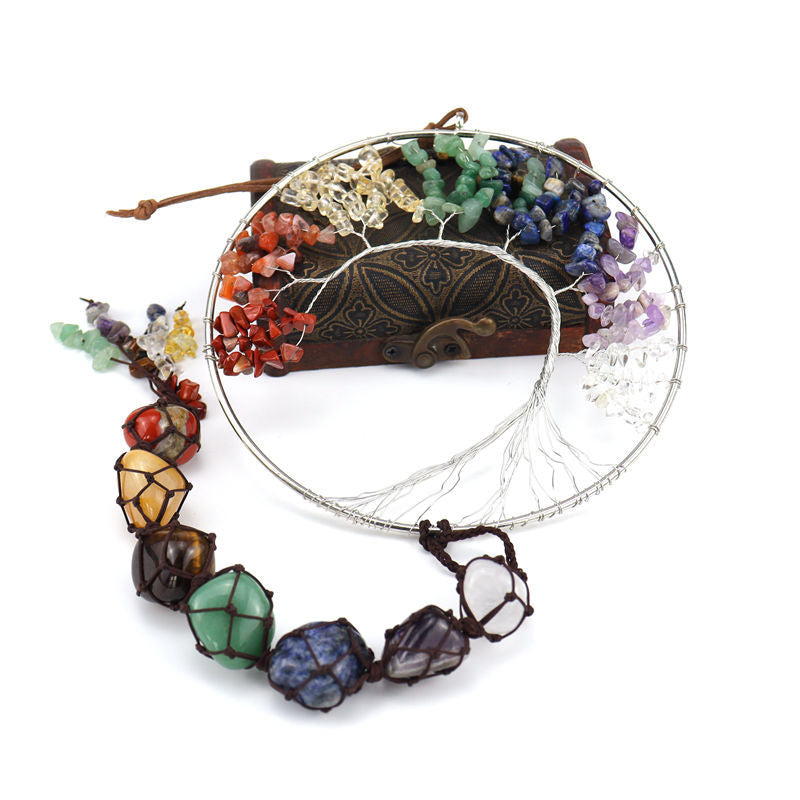 zensoullab7 Colorful Stone Seven Colors Crystal Raw Stone Hand-woven Pendant Natural Stone Tree of Life Car Hanging Dream Catcher Ornament