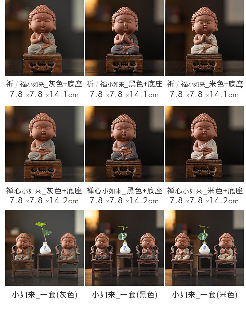 zensoullab Zen Purple Clay Small Buddha Figurine Cute Buddha Statue Chinese Style Home Tea Room Curio Shelf Tea Table Decoration
