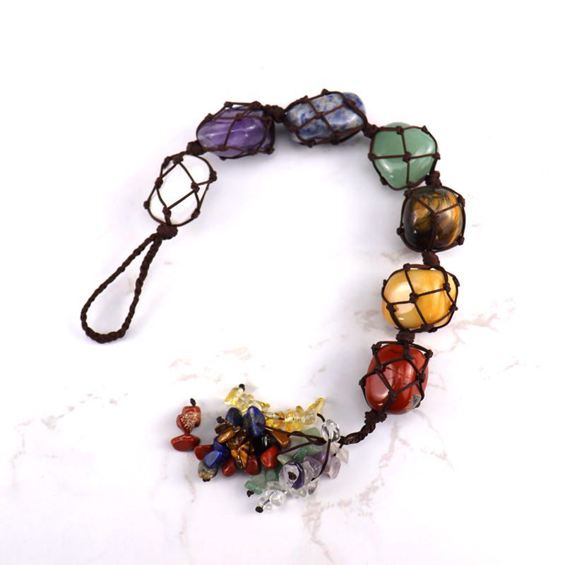zensoullab7 Colorful Stone Seven Colors Crystal Raw Stone Hand-woven Pendant Natural Stone Tree of Life Car Hanging Dream Catcher Ornament
