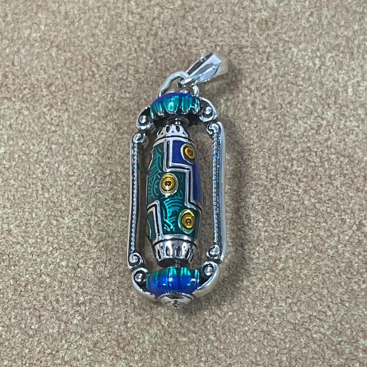 zensoullab Vintage Ethnic Landscape Thai Blue Enamel Nine-Eyed Dzi Bead Lotus Prayer Wheel Necklace for Women Exquisite Versatile Creative Jewelry