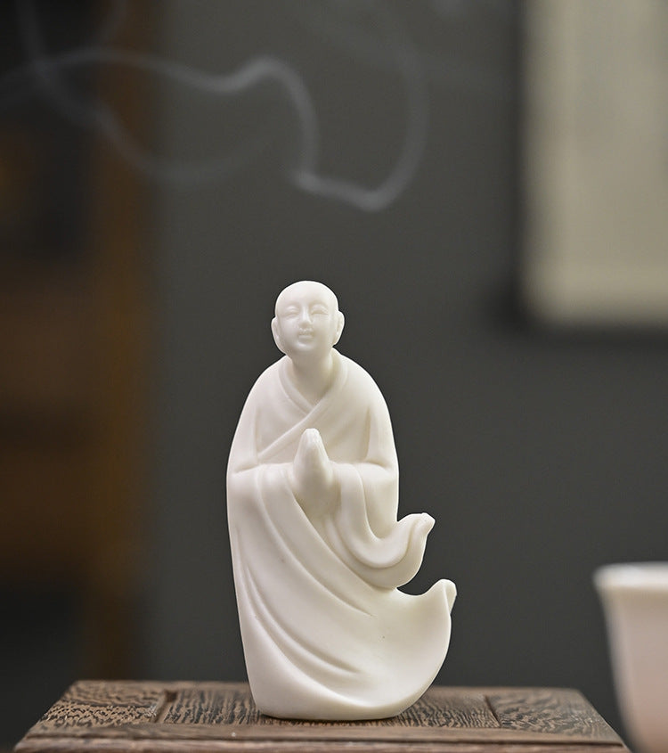 zensoullab Zen Ceramic Figure Chinese Style Desktop White Porcelain Small Ornament Little Monk Fish Tank Landscaping Bonsai Home Handmade Decoration