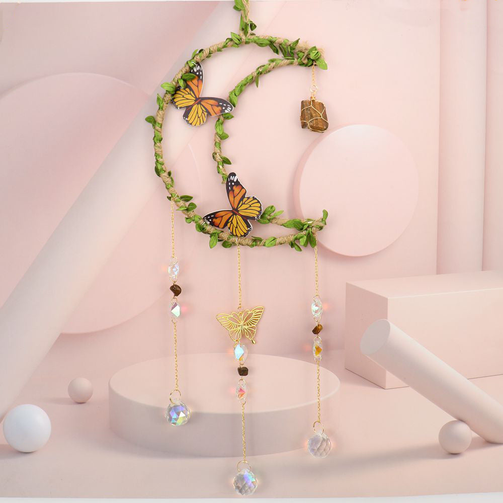zensoullab Sun Catcher Hemp Rope Wrapped Leaf Butterfly Large 16cm Moon Gravel Crystal Ball Decoration Pendant