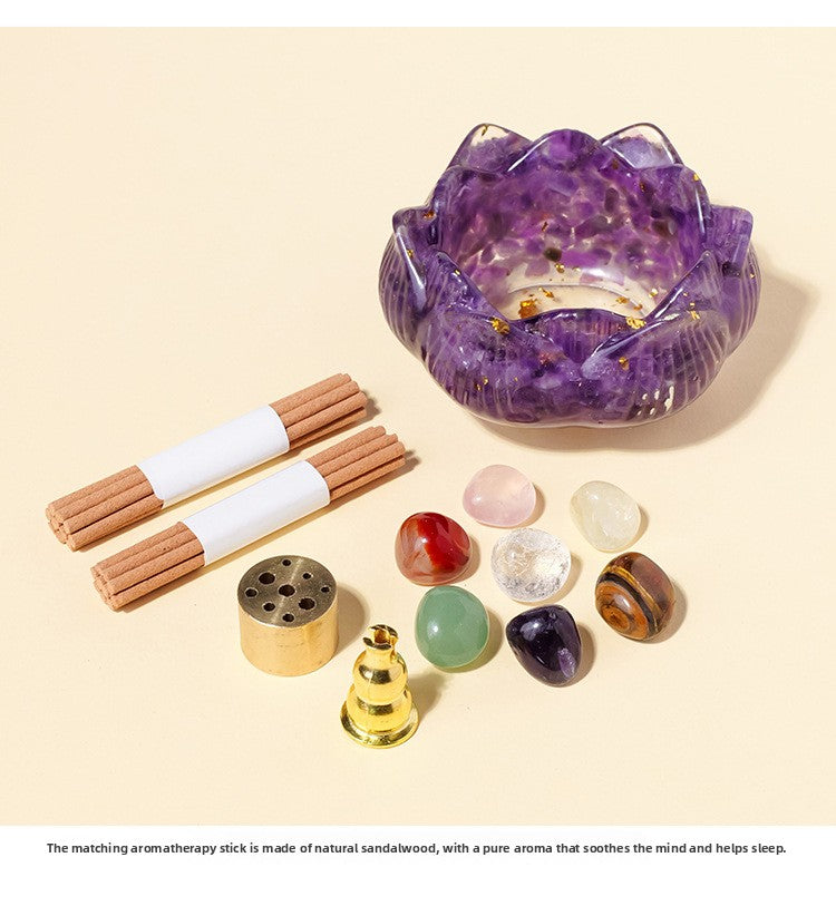 zensoullab Natural Amethyst Crushed Stone Lotus Bowl Incense Holder Set Box Demagnetization Meditation Yoga Incense Burner Incense Holder Base