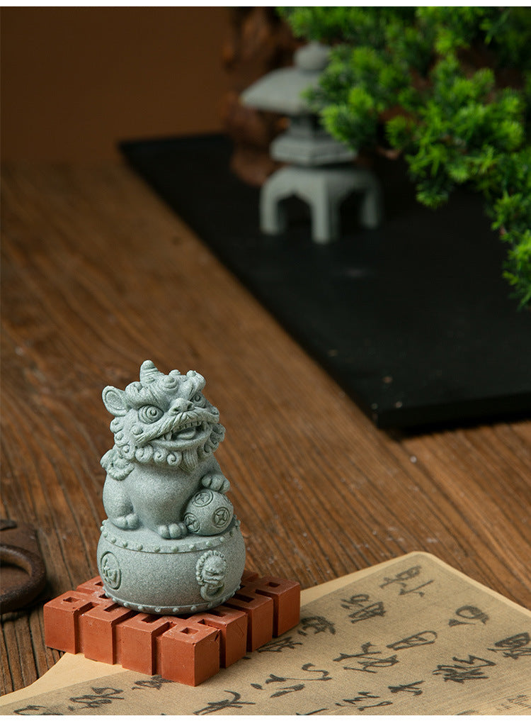 zensoullab National Trend Awakening Lion Green Sand Stone Tea Pet Small Ornament Fish Tank Landscaping Decoration Creative Wealth-Attracting Persimmon Stone Lion Auspicious Beast