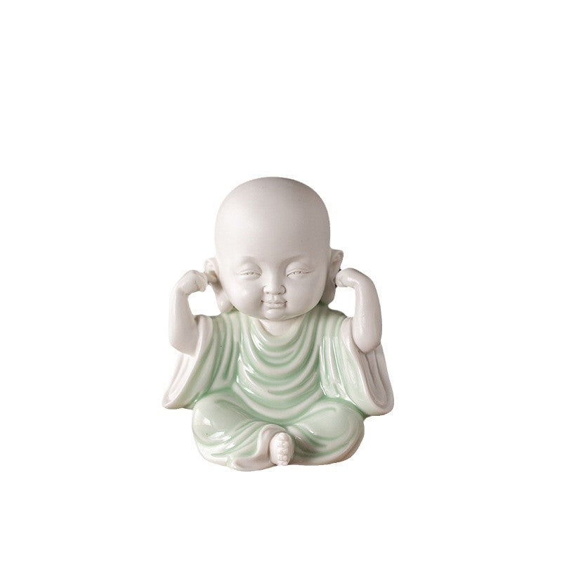 zensoullab Chinese Zen Style Four Little Monks Figurines Ceramic Characters Buddhist Home Living Room Curio Cabinet Decorations Micro Landscape
