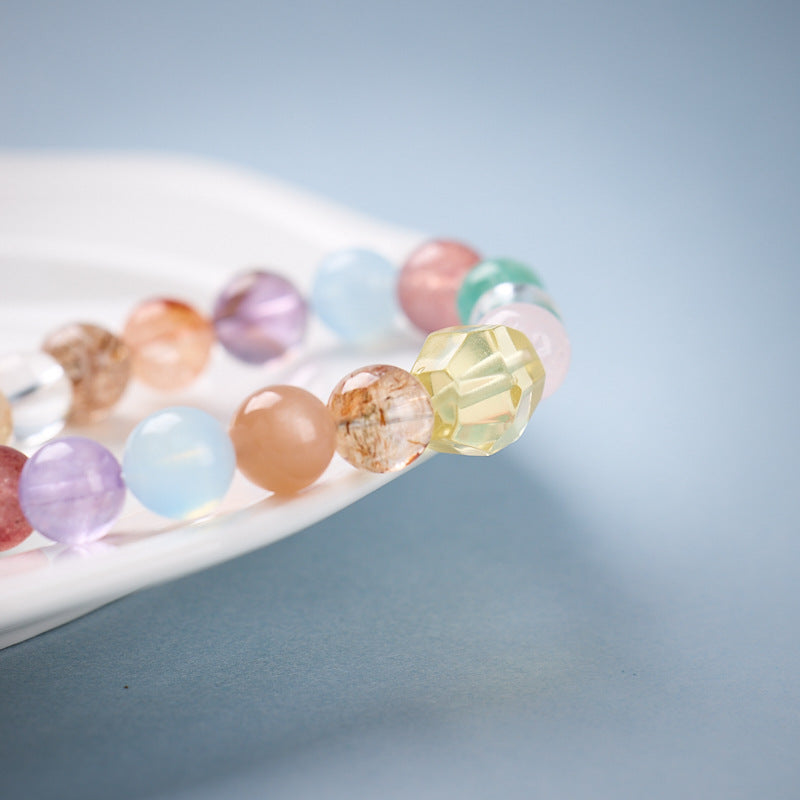 zensoullab Natural 10MM Rainbow Multi-Gemstone Crystal Bracelet Yellow Crystal Red Agate Flower Aquamarine High-End Crystal Bracelet
