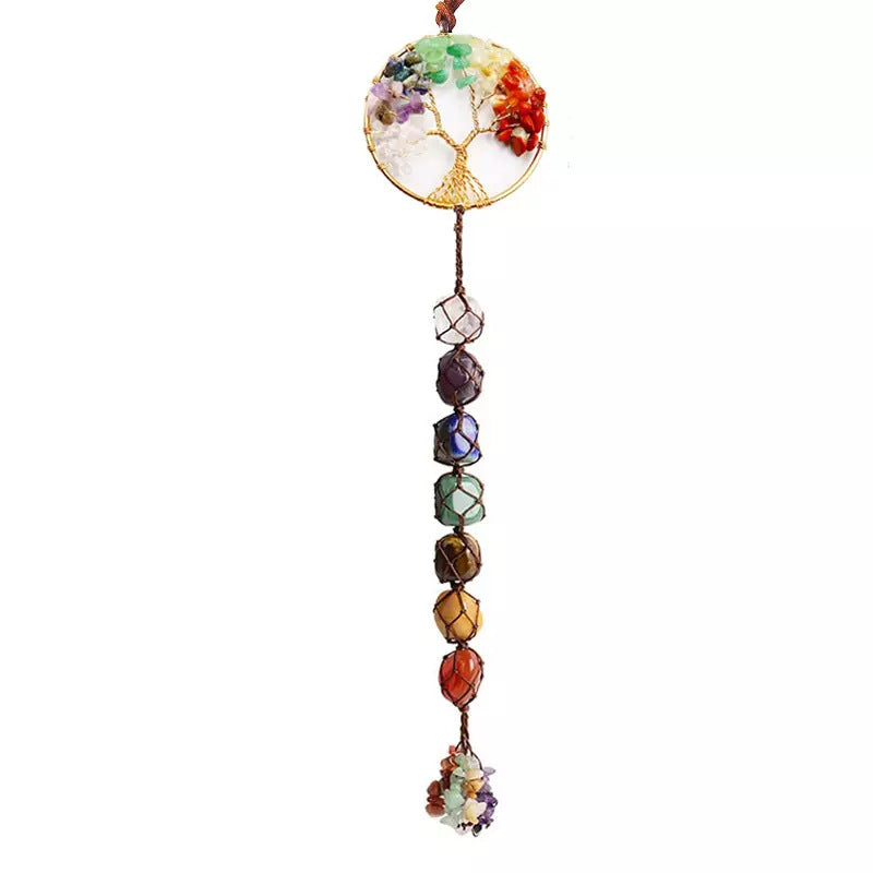 zensoullab7 Colorful Stone Seven Colors Crystal Raw Stone Hand-woven Pendant Natural Stone Tree of Life Car Hanging Dream Catcher Ornament