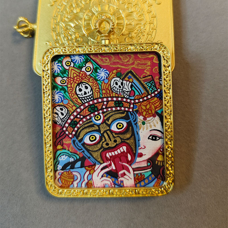 zensoullab Nepal Hand-painted Female God of Wealth Zaki Ram Past and Present Life Thangka Tibetan God of Wealth Small Thangka Gawu Box Pendant