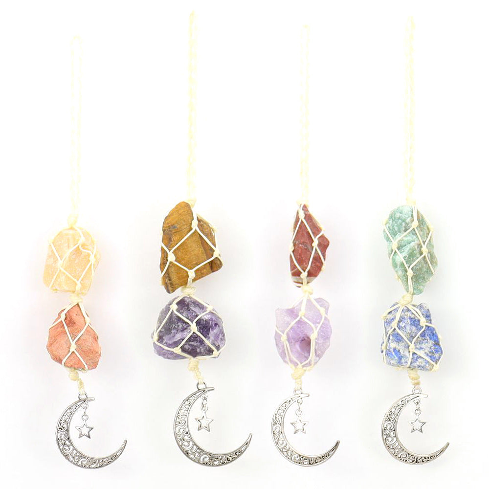 zensoullab Handmade Woven Raw Stone Crystal Pendant Star Moon Net Bag Car Hanging Amethyst Ornament