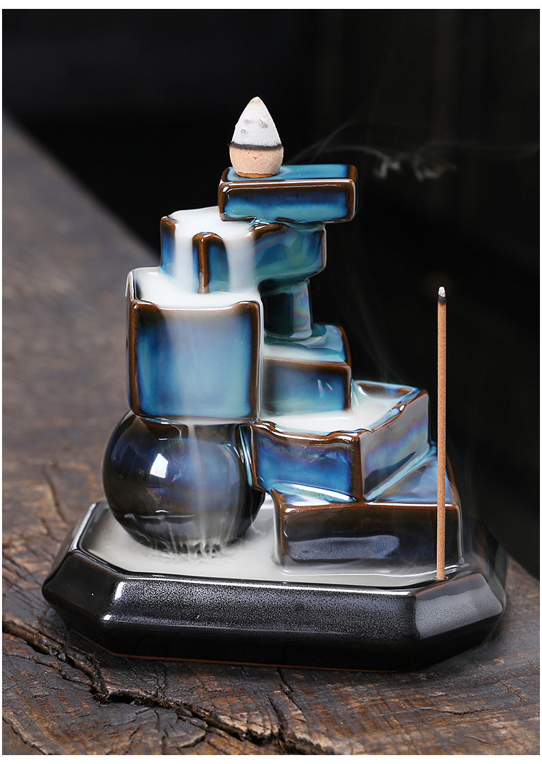 zensoullab Ceramic Mountain Water Backflow Incense Burner Ornament Creative Round Ball Square Blue Backflow Aromatherapy Burner Home Decor