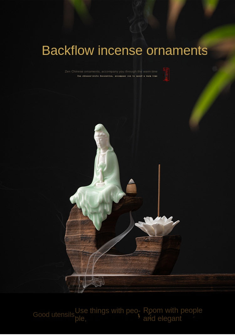 zensoullab Creative Backflow Incense Burner Home Aromatherapy Burner Ceramic Ornament Sandalwood Incense Holder Guanyin Buddha Statue Zen Living Room Decoration