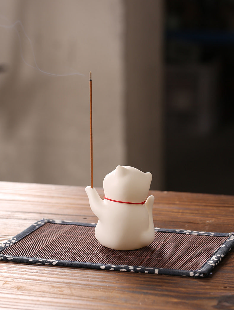 Zensoullab Creative Cute Lucky Cat Ceramic Decoration Cute Cat Tea Ornaments Pen Holder Home Indoor Sandalwood Incense Stick Holder Incense Ceremony Incense Holder