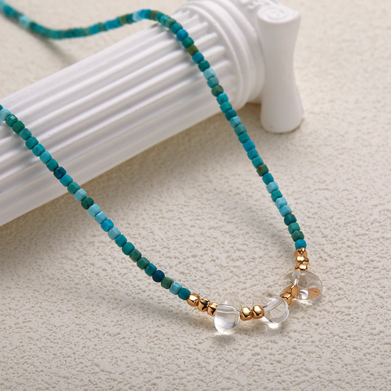 zensoullab Fashion Design S925 Sterling Silver Natural Turquoise White Crystal Necklace for Women Light Luxury High-end Beaded Choker