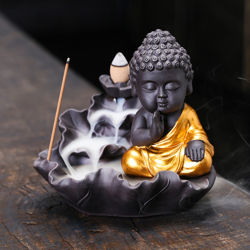 zensoullab Purple Clay Lotus Leaf Backflow Incense Burner Home Decor Creative Lotus Gold-Plated Buddha Incense Backflow Burner