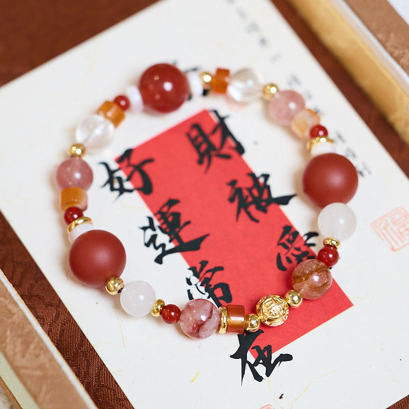 Zensoullab Natural Frosted Red Agate Red Sealant Flower Duobao Crystal Bracelet Lucky Koi Plastic Flower Bracelet for Women