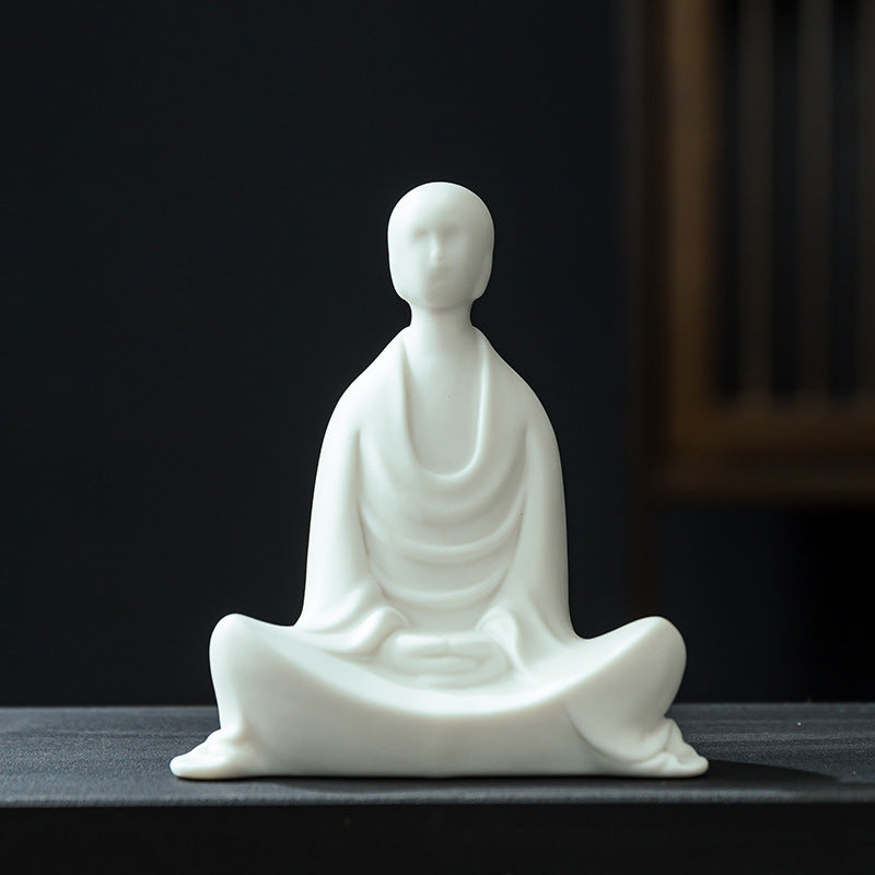 zensoullab Zen Ceramic Formless Buddha Chinese Style Living Room Tea Room Desktop Ornament White Porcelain Little Monk Fish Tank Bonsai Decoration Figurine