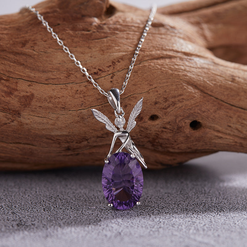 zensoullabs 925 Sterling Silver Inlaid Natural Gemstone Amethyst Pendant Angel Necklace for Women
