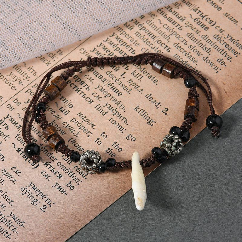 zensoullab Vintage Tibetan Style Ox Bone Dog Tooth Bracelet Carved Dzi Bead Yak Bone Ethnic Style Personality Unisex Bracelet Tourist Spot Jewelry