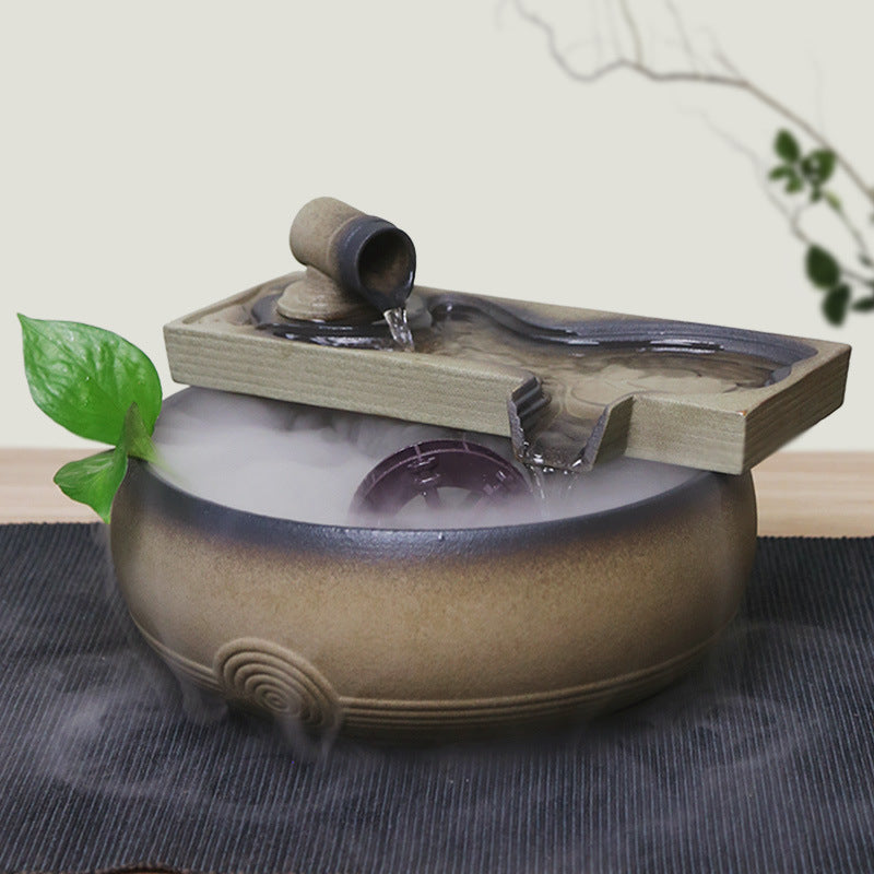 zensoullab Ceramic Water Flowing Tabletop Ornament Wealth-Attracting Desktop Tea Table Fountain Waterwheel Circulating Water Device Zen Small Gift