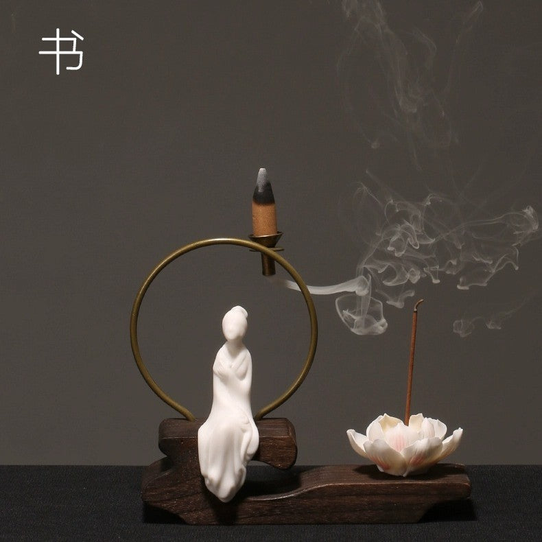 zensoullab Creative Chinese Ceramic Ornament Phaseless Buddha Statue Home Backflow Incense Burner Sandalwood Aromatherapy Burner Incense Holder Incense Device Wooden Incense Stand